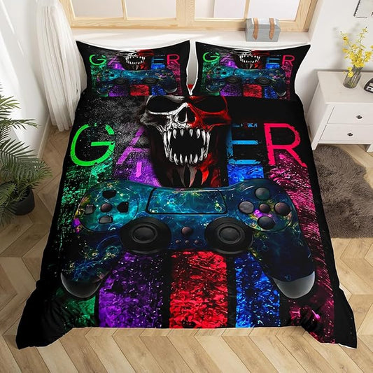 Gamer Bedding Sets for Boys, Gaming Duvet Cover Set Queen Size, Gamer Room Decor Bedding Kids Video Games Comforter Cover, Sugar Skull Gamepad Bed Set for Teen Men Bedroom,with 2 Marble Pillow Shams
