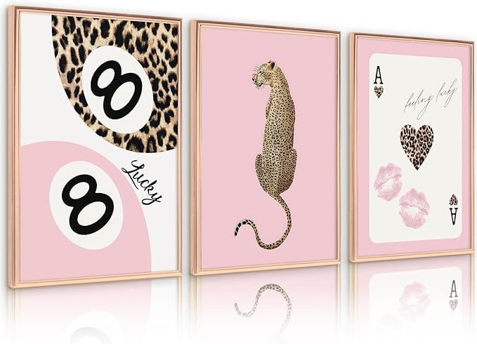 Lhoiplme Cheetah Trendy Wall Art Preppy Leopard Canvas Print Cheetah Room Wall Decor 8 Ball Poster Y2k Pink Coquette Luxury Print Lucky Aesthetic Fashion Pictures for Bedroom 16x24x3 Inch Unframed