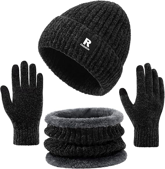 Winter Beanie Hat Circle Scarf Gloves Set for Men Women, Thick Warm Chenille Skull Cap Touchscreen Gloves Neck Warmer
