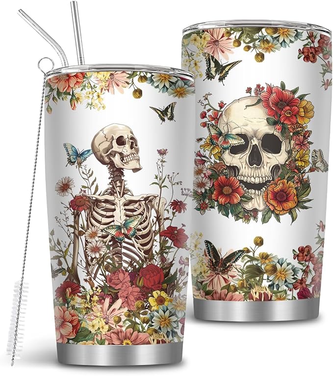 Skull Tumbler, 20 Oz Halloween Tumbler, Horror Wicked Spooky Cup with Straw & Brush, Horror Gifts for Skull Lover Men Women, Halloween Christmas Birthday Thanksgiving Gifts, 1 PCS