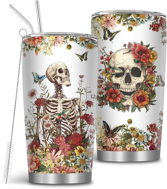 Skull Tumbler, 20 Oz Halloween Tumbler, Horror Wicked Spooky Cup with Straw & Brush, Horror Gifts for Skull Lover Men Women, Halloween Christmas Birthday Thanksgiving Gifts, 1 PCS