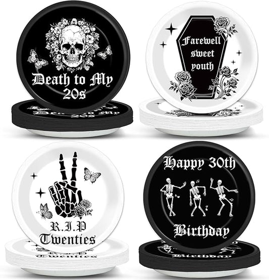 CHUNNIN 48Pcs Gothic Death to My 20s Party Paper Plates 30th Birthday Themed Party Supplies 7" Death to My Twenties Party Rip to My 20s Disposable Plates for 30th Birthday Party Decorations