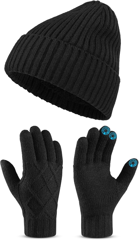 Winter Gloves Beanie Hat Set: Knit Fleece Lined Touch Screen Gloves Soft Skull Cap Set for Men and Women