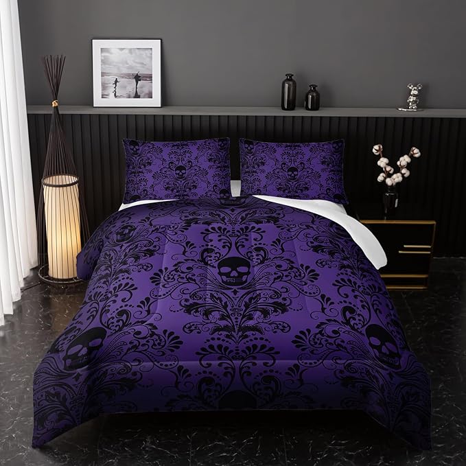 Adults Violet Gothic Comforter Set Queen Size,Vintage Damask Floral Bedding Set 3Pcs,Bohemia Bedding Set Goth Skull Printed Quilted Set for Teens Adult with 1 Comforter with 2 Pillowcase