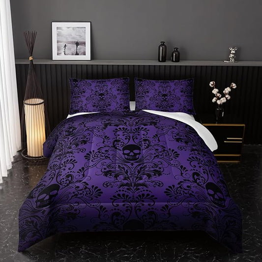 Adults Violet Gothic Comforter Set Queen Size,Vintage Damask Floral Bedding Set 3Pcs,Bohemia Bedding Set Goth Skull Printed Quilted Set for Teens Adult with 1 Comforter with 2 Pillowcase