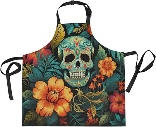 Flower Pattern Skull Art Kitchen Chef Apron Waitress Aprons with 2 Pockets for Women Boys Cooking Baking