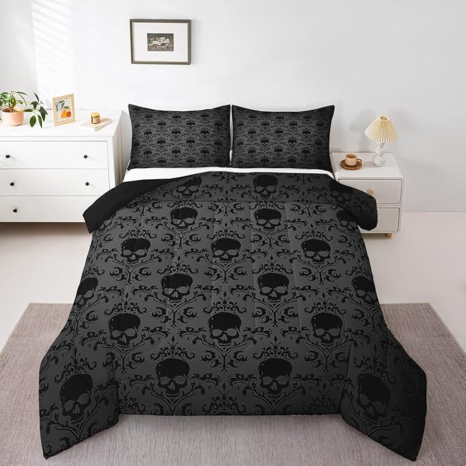 Feelyou Kids Black Demask Bedding Set Full Size, Skull Demask Set Boys Girls Gothic Vintage Floral Duvet Insert Kids Room Decor