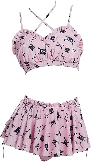 Women Skeleton Swimsuit Goth Two Piece Swimsuit with Skirt Pink Halter Bikini Gothic Bathing Suit