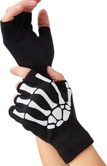 Skeleton Gloves For Women Men Adults Fingerless Goth Gloves Glow In The Dark Halloween Costume Emo Accessories