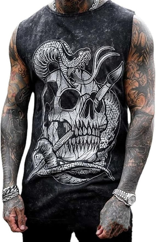 Men's Skull Graphic 3D Print Sleeveless Crewneck Shirt Quick Dry Sports Tank Tops