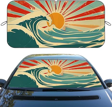 Vintage Wave Car Windshield Sunshades Ocean and Sun Red Blue Heatshield Front Window Car Sun Shade Windshield Blocks UV Rays Sun Visor Protector for Car Sedan Truck SUV Accessories 59x31.5 Inch