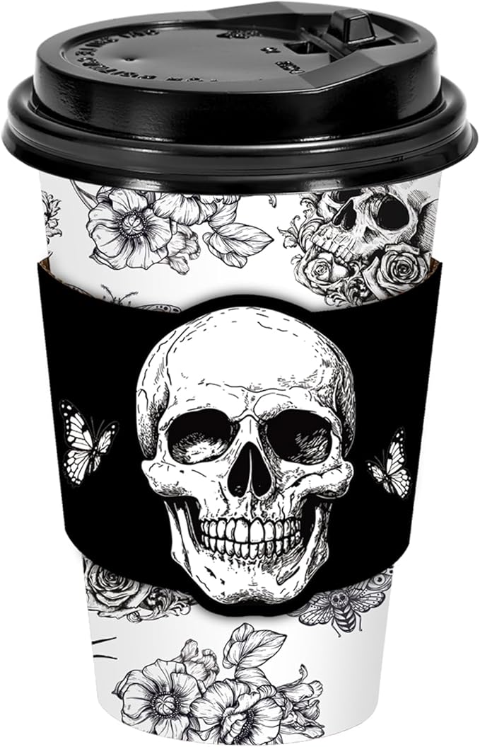 Whaline 50 Set Halloween Disposable Coffee Cups with Lids Sleeves Black Skeleton Spider Flower Paper Drinking Cups for Halloween Birthday Wedding Party Supplies