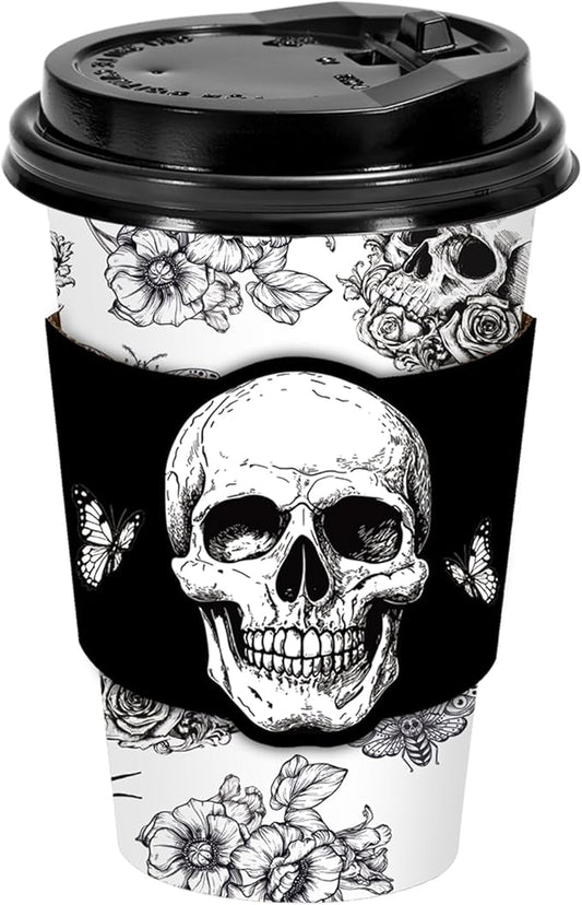 Whaline 50 Set Halloween Disposable Coffee Cups with Lids Sleeves Black Skeleton Spider Flower Paper Drinking Cups for Halloween Birthday Wedding Party Supplies