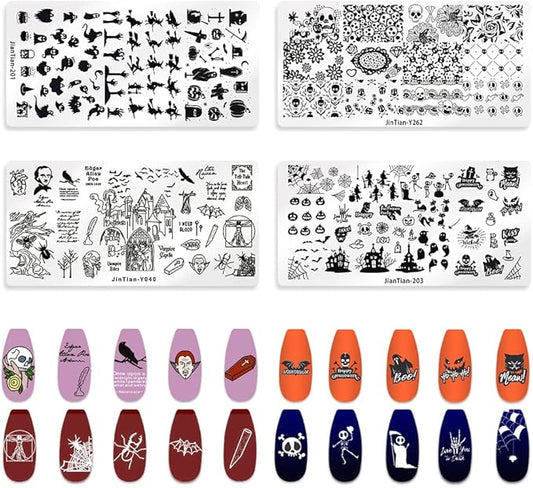 4 PCS Halloween Nail Stamping Plates Flowers Skull Nail Art Plates Templates Halloween Pumpkin Ghost Nail Stamper Set Spider Witch Printing Nail Stencils Reusable Nail Art Tools