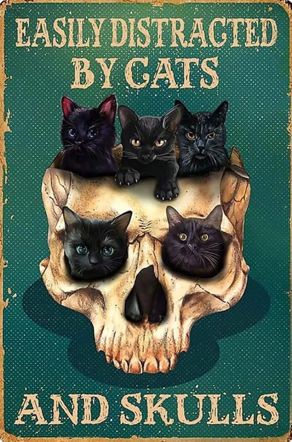 Funny Skull Tin Signs Black Cats Halloween Poster Wall Decor Plaque for Bars Restaurants Cafes Pubs 8 X 12 Inches Easily Distracted By Cats And Skulls