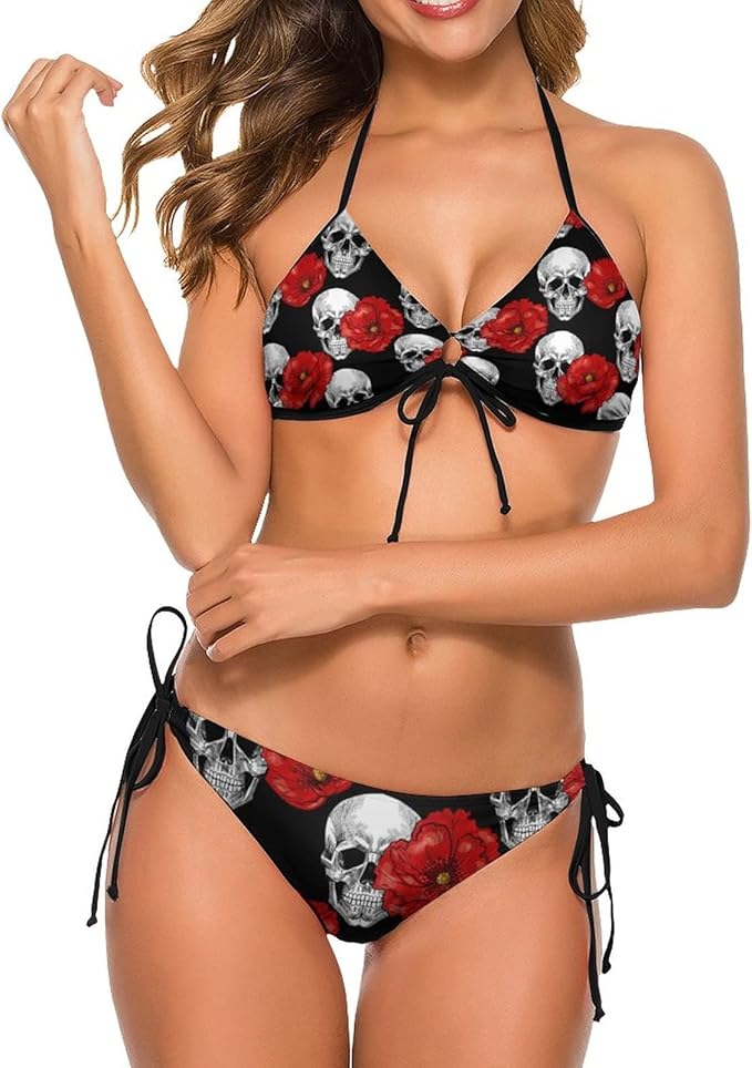Swimsuits Skull and Red Poppies Bikini Set with Bra and Strappy Triangle Briefs for Women