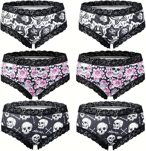 6pcs Gothic Chic Low Rise Bikinis Contrast Lace, Skull & Eyeballs & Stars Print, Women Comfortable Hipster Panties