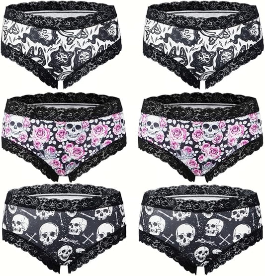 6pcs Gothic Chic Low Rise Bikinis Contrast Lace, Skull & Eyeballs & Stars Print, Women Comfortable Hipster Panties