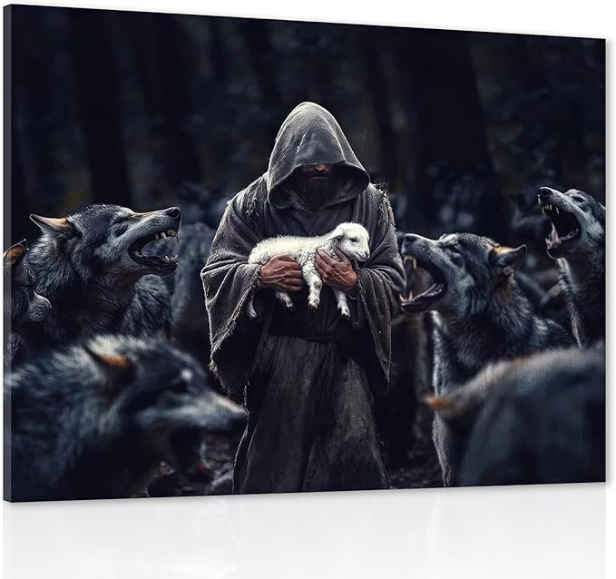 Jesus Protecting Lamb from Wolves Art Painting Jesus Saves the Lost Lamb Picture Wall Decor Christian Gift Wall Art Canvas Print Living Room Office Bedroom Church Decoration Aesthetic Canvas 16"x24"