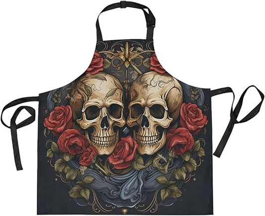 Floral Pattern Rose Skull Kitchen Chef Apron Waitress Aprons with 2 Pockets for Women Boys Cooking Baking