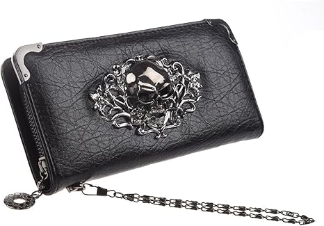 HOYOFO Skull Wallets for Women Zip Around Clutch with Credit Card Holder Phone Case Leather Long Goth Wallet Purse with Wristlet, Black