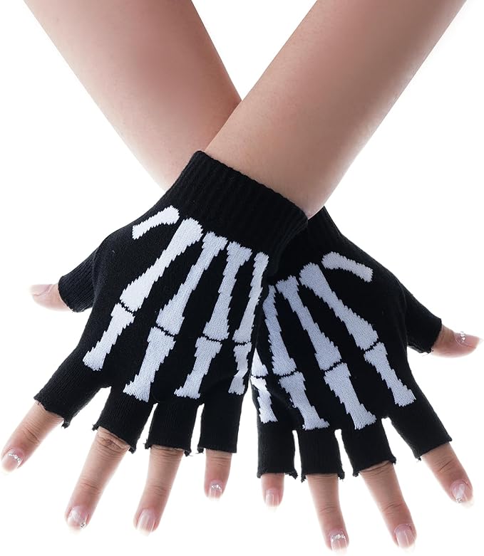 Skeleton Gloves for Women Men Winter Fingerless Gloves Stretchy Knitted Hand Warmers for Cold Weather Halloween Costume Accessories