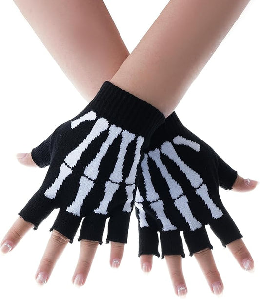 Skeleton Gloves for Women Men Winter Fingerless Gloves Stretchy Knitted Hand Warmers for Cold Weather Halloween Costume Accessories