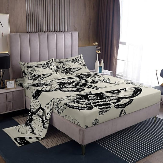 Feelyou Gothic Skull Bedding Set Decorative Death Moth and Flowers Sheet Set King Size for Kids Teens Adults Bedroom Decor Breathable Pesonalized Skeleton Bones Bed Sheet Set Black Cream Bed Sheets