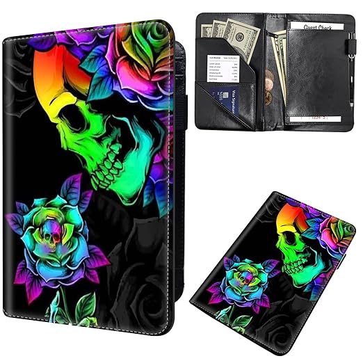 Server Book for Waitress, Leather Waiter Book Server Wallet with Hidden Zipper Pocket Pen Holder Cute Waitress Book&Waitstaff Organizer with Money Pocket Fit Server Apron,Colorful Skull Rose Flower