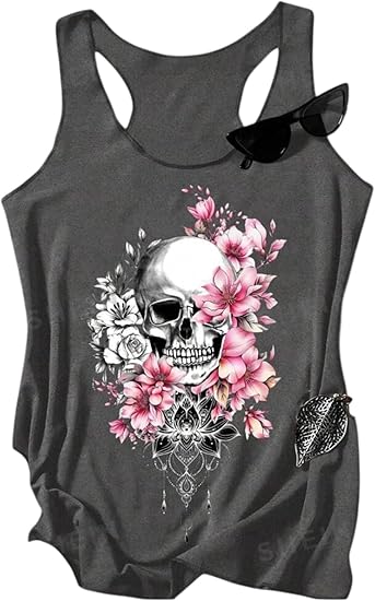 Women's Gothic Skull Tank Top, Gray Racerback with Pink Floral Print, Sleeveless Summer Casual Top Halloween
