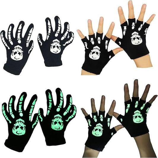 Skeleton Gloves Glow in The Dark, 2 Pairs Full Finger and Fingerless Set Skull Bone Gloves for Halloween