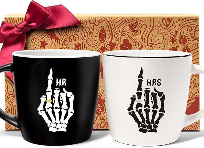 Mr and Mrs Skeleton Hand Coffee Mugs Set of 2 for couples, Skull Weddings Engagement Mug Gifts for mr and mrs, Couples, wedding Registry mugs gifts for Her Him, Newlyweds, Bride & Groom mug-34