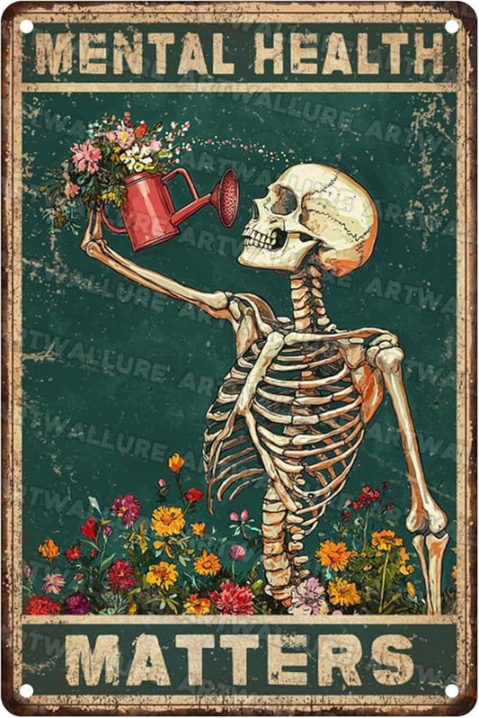 Rustic Mental Health Matters Tin Sign Vintage Metal Poster Skull Flower Wall Decor Retro Pub Bar Cafe Home Beer Metal Plaque Wall Art Decor 8x12inch