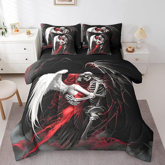 Erosebridal Gothic Skull Couple 7-Piece Comforter Sets King Size,Valentine's Day Bedding Set Skull Skeleton Bed in A Bag Red Black Angel Skeleton Sheet Set with Comforter for Men Women Room Decor