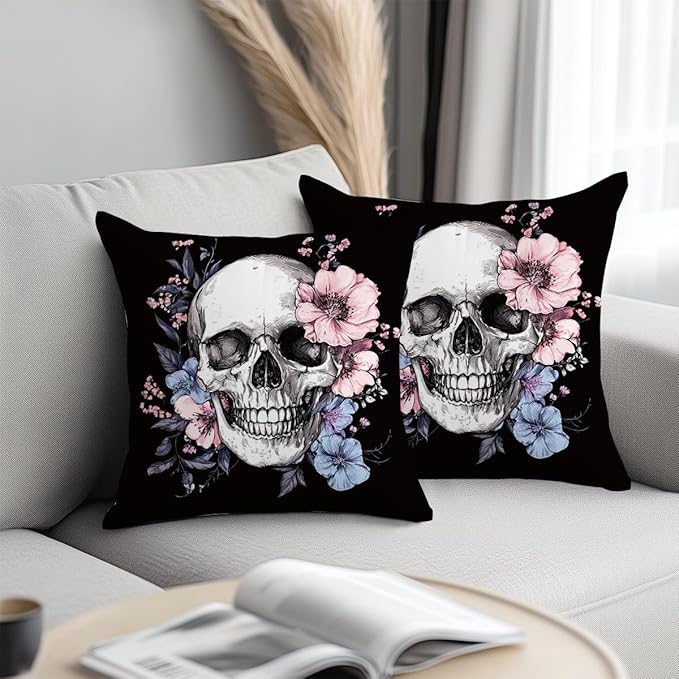 Flower Skull Goth Decor, Gothic Pillow Covers 18x18 Set of 2, Goth Gifts, Skeleton Modern Decorative Throw Pillow Covers Pillow Protectors Cushion Case Bedroom Home Office Decor for Couch Sofa Bed