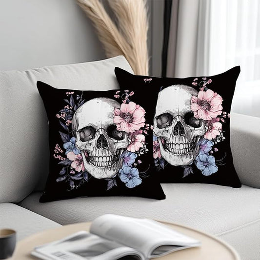 Flower Skull Goth Decor, Gothic Pillow Covers 18x18 Set of 2, Goth Gifts, Skeleton Modern Decorative Throw Pillow Covers Pillow Protectors Cushion Case Bedroom Home Office Decor for Couch Sofa Bed