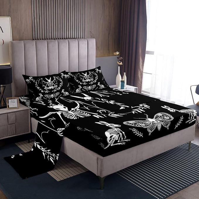Gothic Skull Bedding Set Death Moth Bed Sheet Set Bat Rabbit Animal Skeleton Halloween Fitted Sheet For Kids Boys Girls Butterfly Weed Floral Bed Cover Black White Bedroom Decor Twin Size 3Pcs