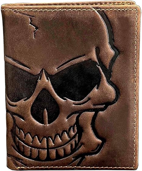 Biker Skull Slim Card Wallet for Men Bifold Card Holder Wallet Minimalist Front Pocket Purse Cowhide Leather Wallet