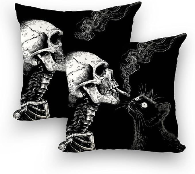 Fall Halloween Pillow Smoking Skull and Cat Pillow Cover 18" x 18" Happy Halloween Linen Pillowcase Sofa Bed Throw Cushion Cover Decoration for Home Office