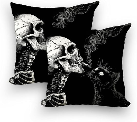 Fall Halloween Pillow Smoking Skull and Cat Pillow Cover 18" x 18" Happy Halloween Linen Pillowcase Sofa Bed Throw Cushion Cover Decoration for Home Office