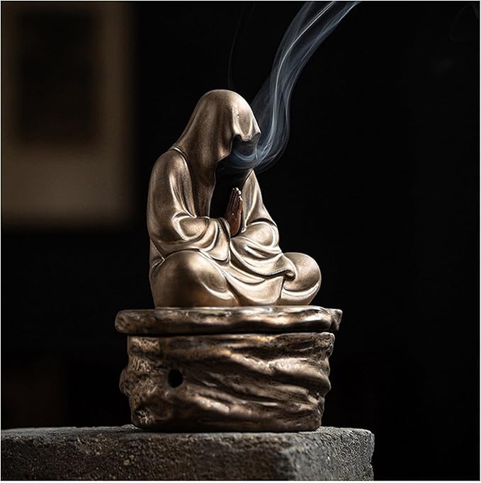 Cacukap Ceramic Zen Incense Holder, Buddah Statue Incense Burner for Cone, Coil, Stick and Palo Santo, Zen Decor for Desk, Mysterious Black Robe Statue Gothic Decor