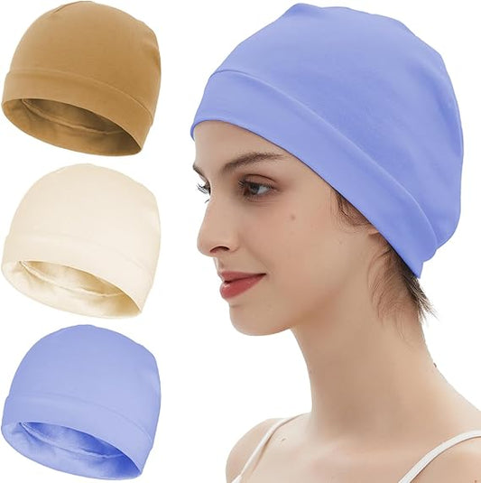 3 Pieces 100% Cotton Skull Caps Beanie for Men Women Lightweigt Night Cap Sleep Hats Breathable Helmet Liner