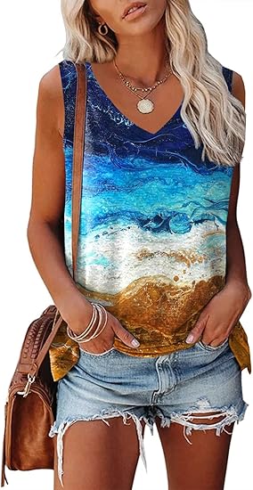 Womens Summer Tops Sexy Tie Dye V Neck Tank Top Loose Fit Cute Printed Workout Sleeveless T Shirts