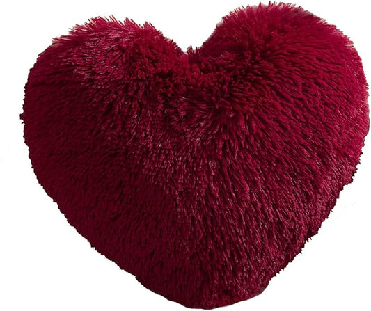 MorroMorn Fluffy Heart Throw Pillows, Shaggy Decorative Pillow for Sofa Couch Bed, Cute Room Decor Decorations for Women Girls Kids (Dark Red)