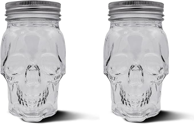 DURA LIVING Set of 2 Skull Mason Jar Glasses with Lids | 16oz Reusable Halloween Drinking Glasses | Unique Skull Décor, Storage, & Canning Jars for Parties & Gifts