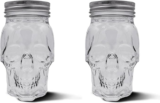 DURA LIVING Set of 2 Skull Mason Jar Glasses with Lids | 16oz Reusable Halloween Drinking Glasses | Unique Skull Décor, Storage, & Canning Jars for Parties & Gifts