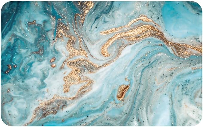 Blue Marble Non Slip Bath Mat Golden with Turquoise Texture Bathroom Rug Machine Washable Shower Rugs Extra Soft and Water Absorbent Floor Mats 19.5" X 31.5"