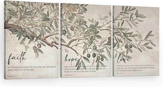 PHAMTE Vintage Christian Olive Wall Art Decor Canvas Set of 3,Bible Verse Scripture Faith Hope Love Pictures Wall Decor for Church Prayer Room Home, Rustic Religious Framed Artwork for Walls 11x14in