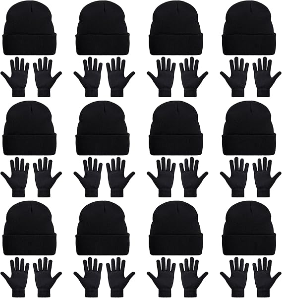 24 Pack Beanie Hats and Gloves Set, Knit Skull Caps and Winter Gloves Bulk for Men Women Warm Gift