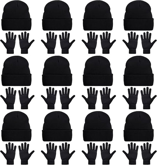 24 Pack Beanie Hats and Gloves Set, Knit Skull Caps and Winter Gloves Bulk for Men Women Warm Gift